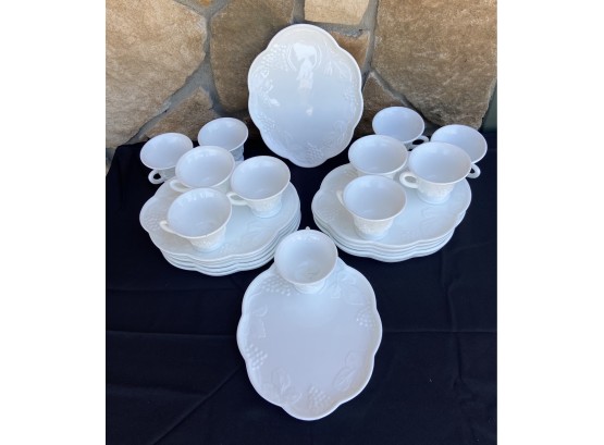 Large Assorted Milk Glass Luncheon Set Including Plates And Cups With Grape Pattern