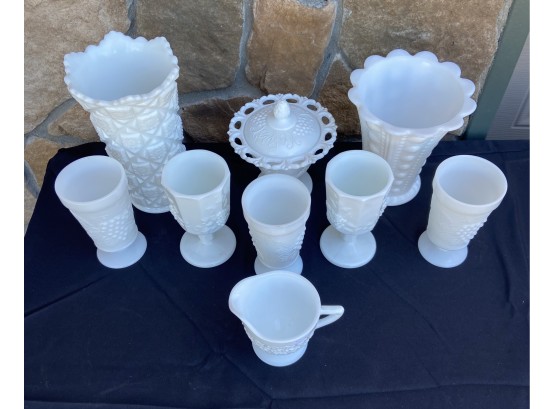 10 Piece Milk Glass Set Including Candy Dish, Vases, And Goblets