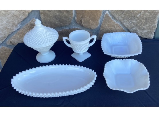 6 Piece Milk Glass Set Including Platter And Candy Dishes