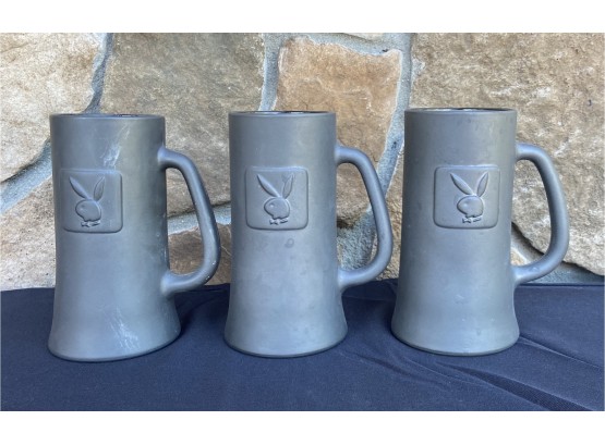 Collection Of 3 Vintage Grey Glass 1970s Playboy Beer Steins