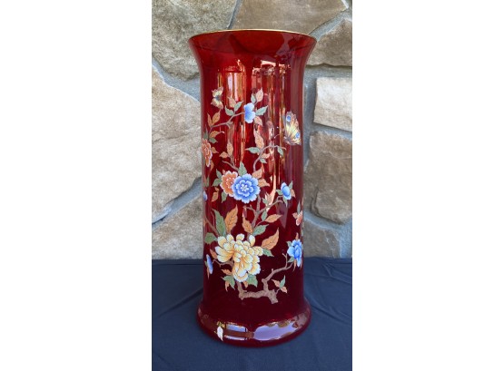 Vintage Hand Painted Italian Red Glass Vase With Gold Trim