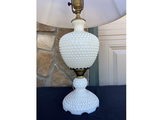 2 Hobnail Styled Milk Glass Lamps With Dish
