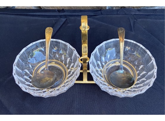 Val Lambert Glass Dishes On Rack With 2 Engraved Spoons