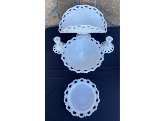 5 Piece Set Of Rainbow Laced Milk Glass Including Candle Holders, Dishes, And Banana Boat