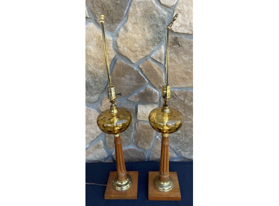 2 Retro Amber Glass Wood Lamps