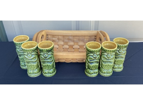 Vintage Ceramic Green Tiki Cocktail Mugs With 2 Wicker Basket Trays