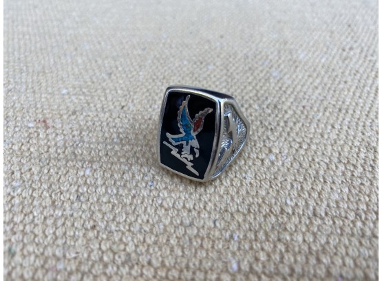 Turquoise And Coral Inlay Eagle Mens Ring