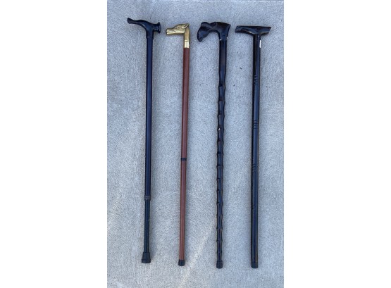 Set Of 3 Wooden Canes With 1 Metal Cane Including Horse Head Metal Handle