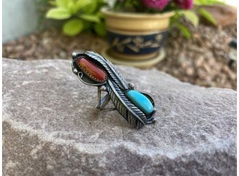 Sterling Silver Turquoise And Coral Ring