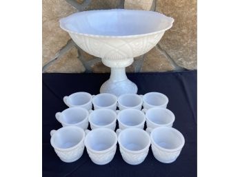 Intricate Milk Glass Punch Bowl On Pedestal With 12 Glasses