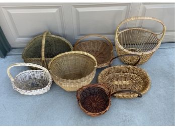 Collection Of 7 Various Sized Wicker Baskets Including Flat Basket With Leather Straps