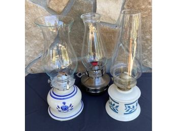 3 Oil Lamps Made From Pottery, Ceramic, And Metal