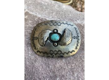 Vintage Sterling Silver And Turquoise Belt Buckle