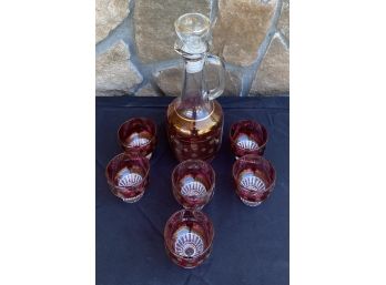 Italian Cranberry Cordial Set With Gold Trim