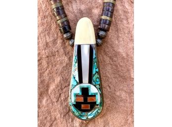 Inlaid Onyx, Coral, And Turquoise Zuni Necklace