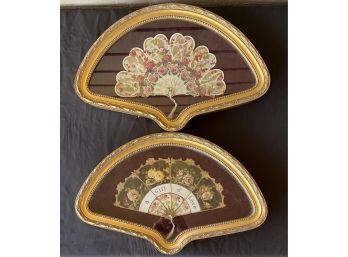 2 Decorative Rose Print Hand-fans Inside Of Golden Colored Wooden Frame With Glass