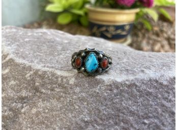 Sterling Silver Turquoise And Coral Ring