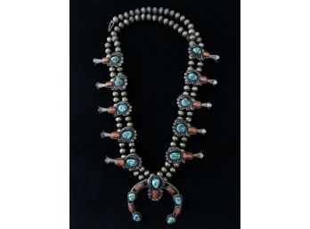 Navajo Handmade Turquoise And Coral Squash Blossom Necklace