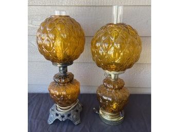 Pair Of 2 Spherical Victorian Style Amber Glass Lamps With Metal Bases