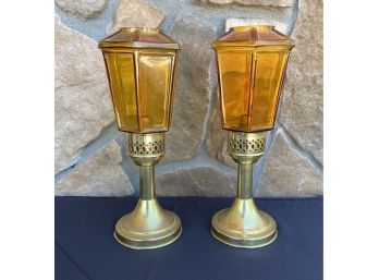 Set Of 2 Amber Glass Oil Lamps With Brass Plated Bases