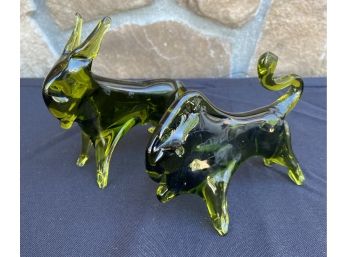 Small Hand-blown Green Glass Bull And Donkey