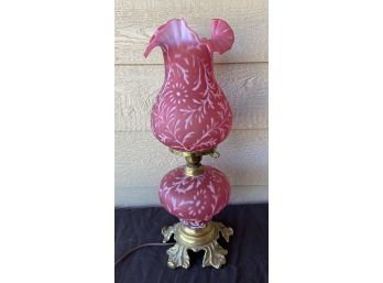 Pink Glass Lamp With Floral Design