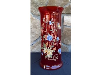 Vintage Hand Painted Italian Red Glass Vase With Gold Trim