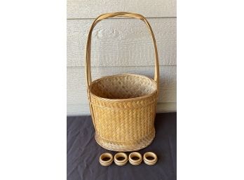 17' Wicker Basket With Large Collection Of Custom Made Wooden Napkin Rings