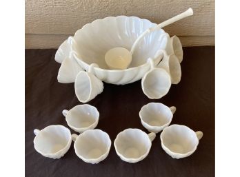 Milk Glass Punch Bowl With 12 Hook Cups And Plastic Ladle