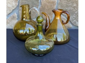 3 Amber/green Glass Decanters With Stopper