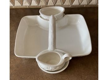 White Ceramic Basket Weave Pattern Serving Platter With 2 Gravy Boats
