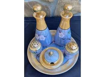 9 Piece Small Japanese Cruet Set Including Salt/pepper Shakers, Bowls, And 2 Cruets With Stoppers