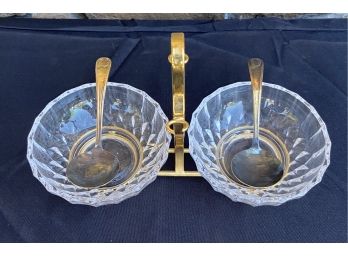 Val Lambert Glass Dishes On Rack With 2 Engraved Spoons