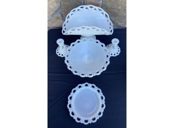 5 Piece Set Of Rainbow Laced Milk Glass Including Candle Holders, Dishes, And Banana Boat