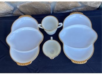 Set Of 4 Fire King Ovenware Pieces With Golden Trim