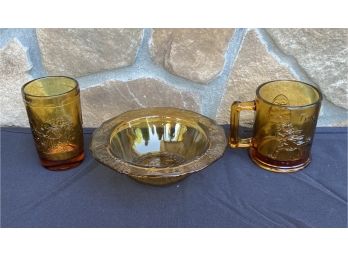 Collection Of 3 Amber Glass Nursery Themed Mug, Glass, And Bowl