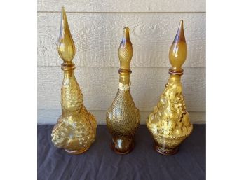 Set Of 3 Patterned Amber Glass Decanters Made In Italy