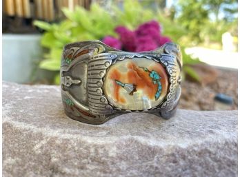 Navajo Sterling Silver Bracelet/Cuff  With Carved Abalone Oval Shell Center