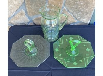 Set Of 2 Green Depression Glass Platters With Pitcher
