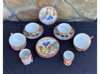 13 Piece Colorful Miniature China Set Including Cups, Saucers, And Egg Cup