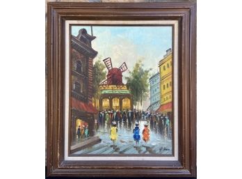 Vibrant Painting On Canvas Of Downtown Life In Wooden Frame Signed