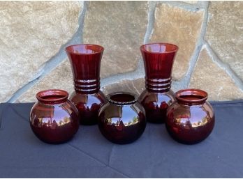Collection Of 5 Red Ball Glass Vases/bowls