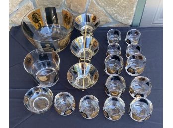 19 Piece Cera Coin Patterned Bar Set Including Cups, Shot Glasses, Bowls, And More