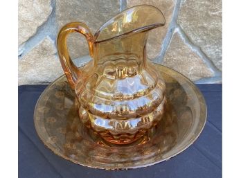 Etched Amber Glass Bowl And Pitcher