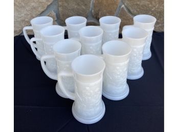 10 Piece Patterned Milk Glass Beer Stein Collection
