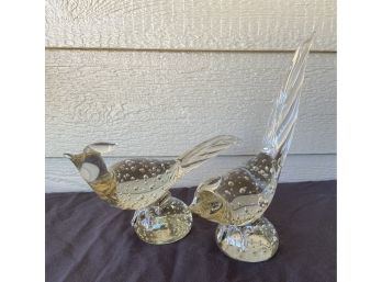 Pair Of Different Sized Clear Bubble Glass Pheasants