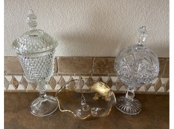 Set Of 2 Crystal Candy Dishes With 1 Glass Candy Candy