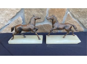 Pair Of 2 Small Bronze Horses On Marble Base (as Is)