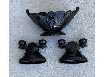 Pair Of LE Smith Black Double Candle Holders With Decorative Black Bowl