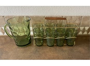9 Piece Green Glass Set Including Pitcher And 8 Glasses With Rack